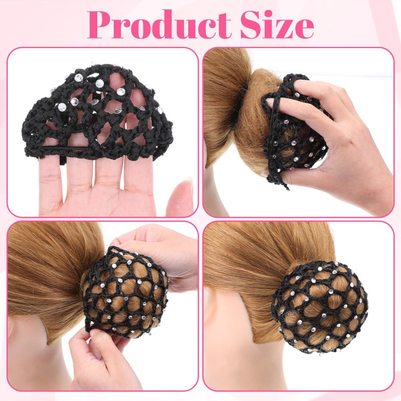 Alrhso 4 Pcs Hair Nets for Buns with Rhinestones, Elastic Women Hair Nets Handmade Crochet Bun Net for Ballet, Gymnastics, Figure Skating, Dancer (Black, Purple, Pink, Navy Blue) - Image 3